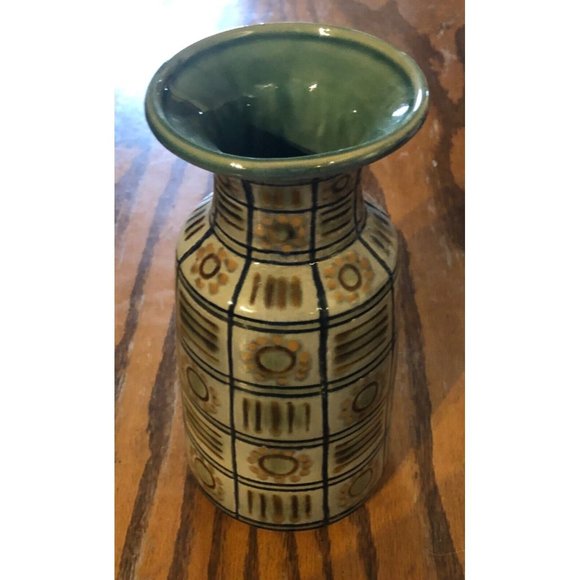 Art Pottery Vase AKC Green Blue Symbols Lines Circles Glazed Decorative - Picture 1 of 3